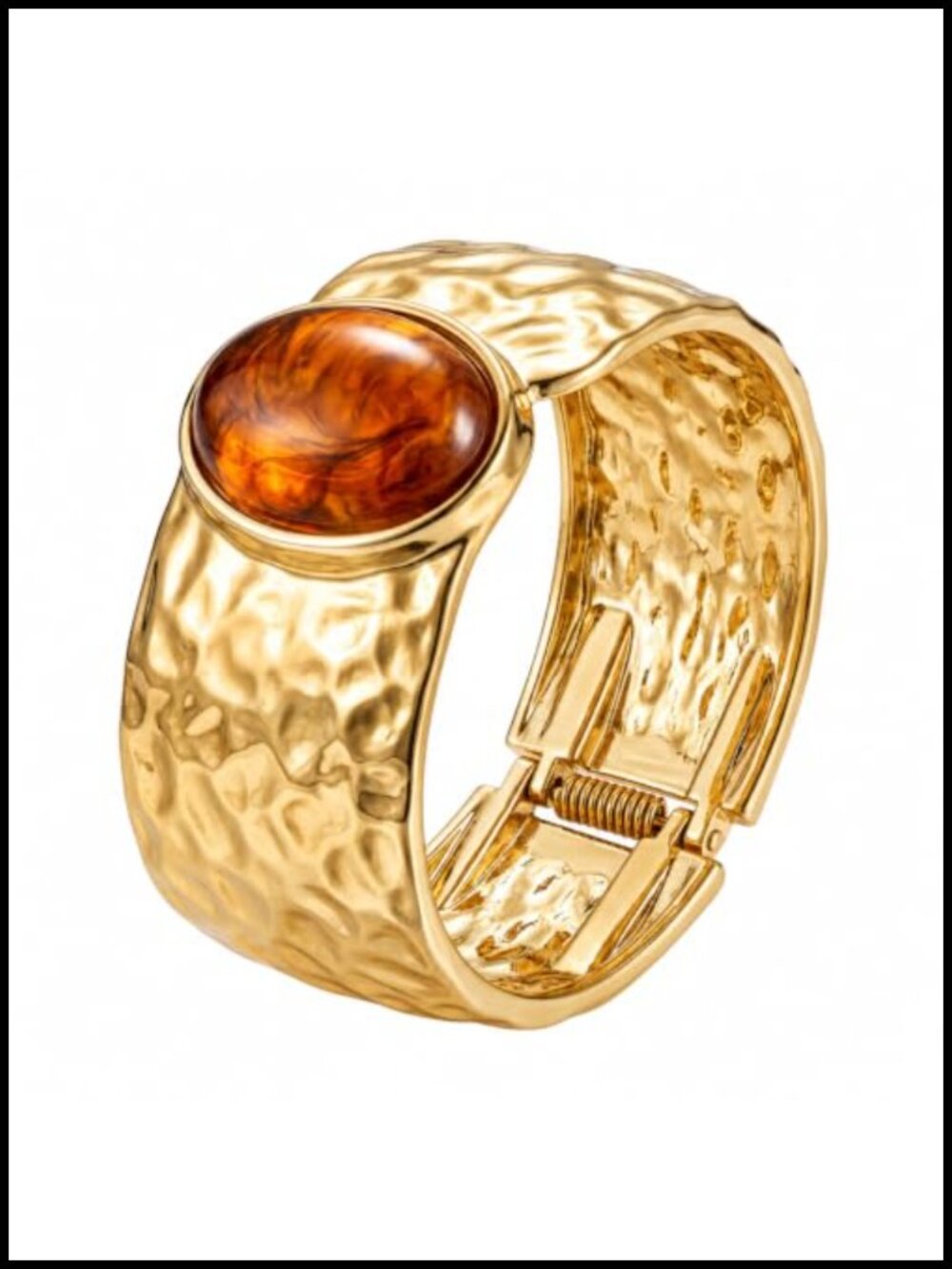 Women's Chunky Gold Cuff Bracelet, Wide Hammered Bangle with Oval Resin Stone,